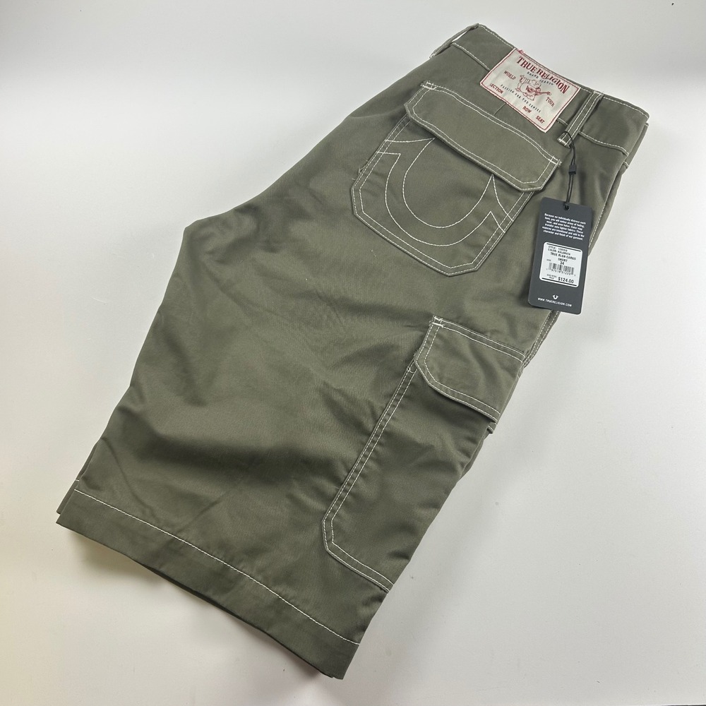 True Religion Mens 34 Kalamata Cargo Shorts Olive Green Contrast Stitch NEW Y2K